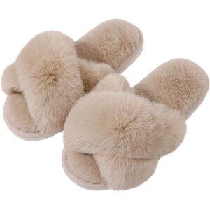 🆕Women's Camel Fuzzy Slippers Cross Band Memory Foam Faux-fur Open Toe Shoes